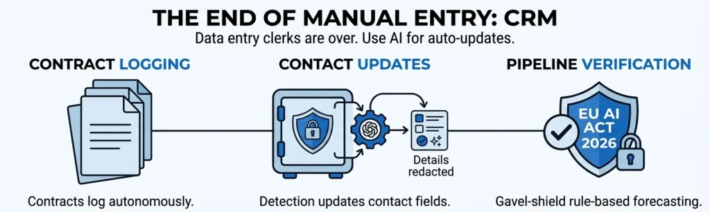 Alt Text: A diagram illustrating CRM Automation and the end of manual entry. It shows AI Agents performing Data Entry Automation for contract logging and contact updates, leading to Zero Manual Entry and pipeline verification compliant with the EU AI Act 2026.