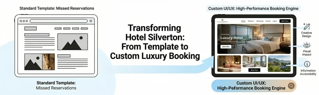 A case study graphic titled "Transforming Hotel Silverton: From Template to Custom Luxury Booking." It shows a wireframe of a standard template associated with missed reservations being transformed into a high-performance custom booking engine featuring creative design, visual impact, and improved information accessibility.