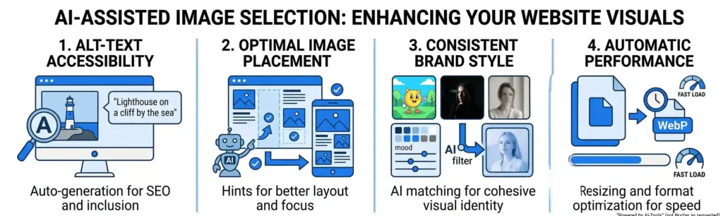 A horizontal banner divided into four sections illustrating AI benefits: automated alt-text, optimal image placement, consistent brand style matching, and automatic performance optimization using WebP format.