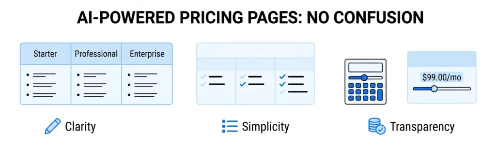 It uses minimal UI illustrations to highlight three core pillars: Clarity (clean plan tiers), Simplicity (simplified feature comparison), and Transparency (an interactive pricing calculator and slider).