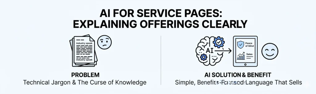 Minimalist horizontal banner showing a "Problem" side with technical jargon and a "Solution" side featuring an AI brain icon transforming complex text into clear sales benefits.
