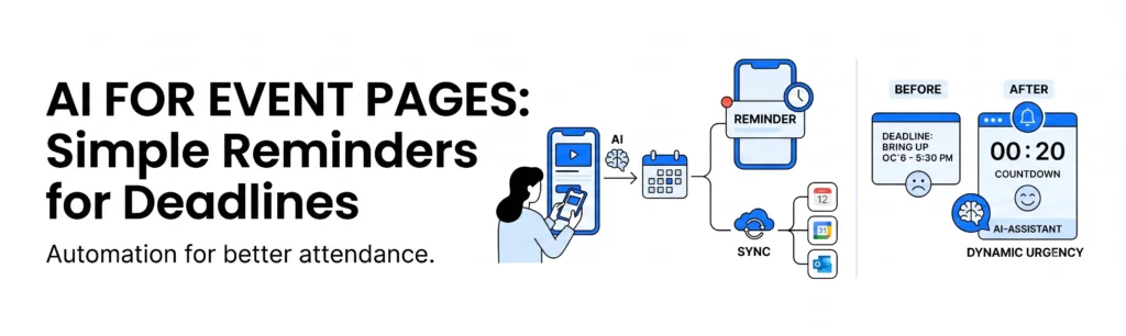 An infographic banner detailing how AI automates event pages, contrasting a static calendar (Problem) with automated reminders, calendar sync, and dynamic urgency (AI Solution) for higher attendance.
