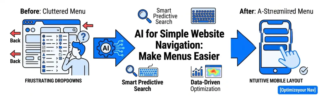 A horizontal vector banner comparing a cluttered desktop dropdown menu on the left to a clean, AI-optimized mobile menu layout on the right.