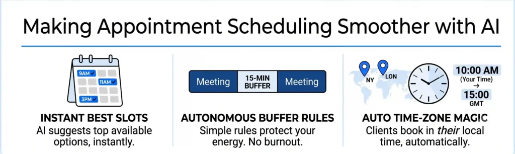 A horizontal minimal vector infographic titled "Making Appointment Scheduling Smoother with AI," showcasing three clean panels: instant slot selection, automatic calendar buffers, and time-zone conversion.