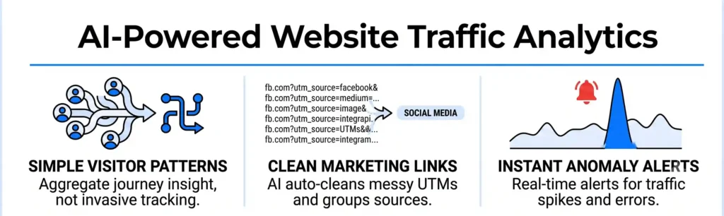 A horizontal blog banner titled "AI-Powered Website Traffic Analytics" on a white background with vivid blue accents. It features three vector icons detailing simple visitor patterns, clean marketing links via AI auto-cleaned UTMs, and instant traffic anomaly alerts.