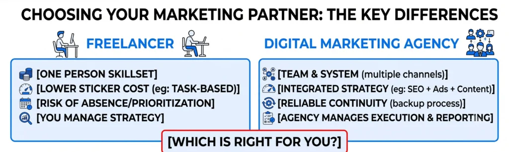 Infographic titled "Choosing Your Marketing Partner: The Key Differences" comparing a freelancer versus a digital marketing agency. Freelancer column lists: one-person skillset, lower sticker cost for task-based work, risk of absence or prioritization issues, and you manage strategy. Digital marketing agency column lists: team and system across multiple channels, integrated strategy combining SEO, ads, and content, reliable continuity with a backup process, and the agency manages execution and reporting. Bottom banner asks "Which is right for you?"